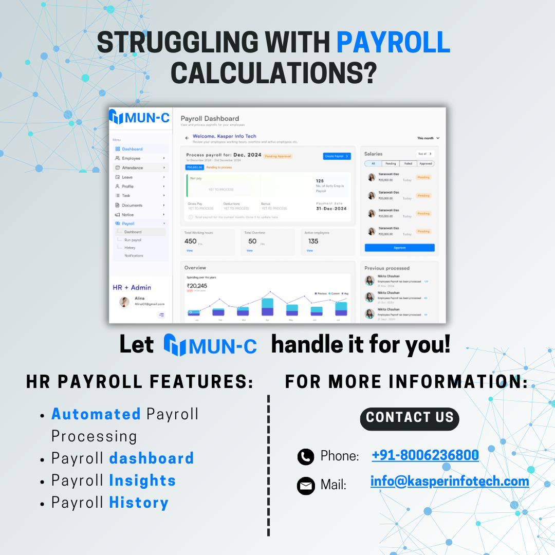 Simplify Payroll Processing with MUN-C! 🚀 Automate payroll, track salaries, and gain real-time insights with our intuitive payroll dashboard. Say goodbye to manual errors with your favorite HR management software!